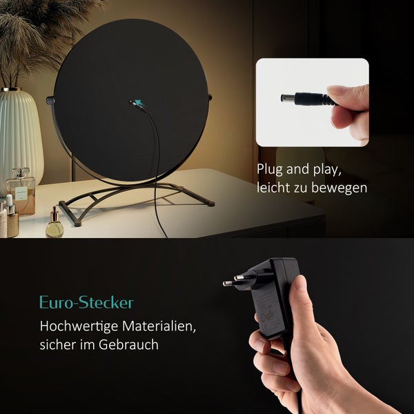 EMKE Hollywood Schminkspiegel Ø50 cm, LED-Tischspiegel mit 11 dimmbaren Leuchtmitteln, Touch-Funktion, 3 Lichtfarben, 7x Vergrößerung, Memory-Funktion, 360° drehbar, bohrfrei, Schwarz, für Schminktisch & Schlafzimmer