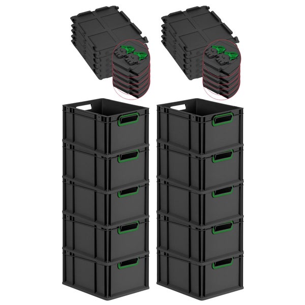 PROREGAL SuperSparSet 10x Eurobox NextGen Color mit Scharnierdeckel und Schiebeschnappverschlüssen, HxBxT 22x30x40cm, 20 Liter, Schwarz, Griffe grün offen, Eurobehälter, Transportbox, Transportbehälter, Stapelbehälter