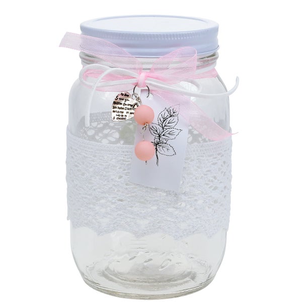 Dekorglas mit Schleife, Anhänger und Spitzenband