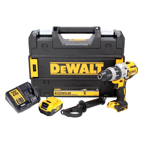 DeWALT Akku-Schlagbohrschrauber Set mit 18 Volt Akku, Ladegerät, Zusatzhandgriff und Transportkoffer.