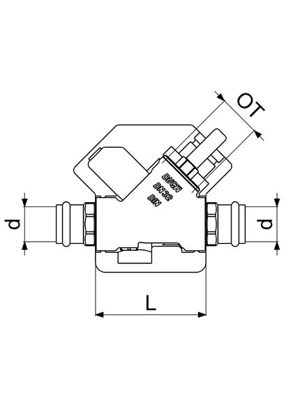 Technische Zeichnung einer Armatur mit Pressanschlüssen, Maße L, d und OT, Beschriftung DVGW, DN32 und DIN.
