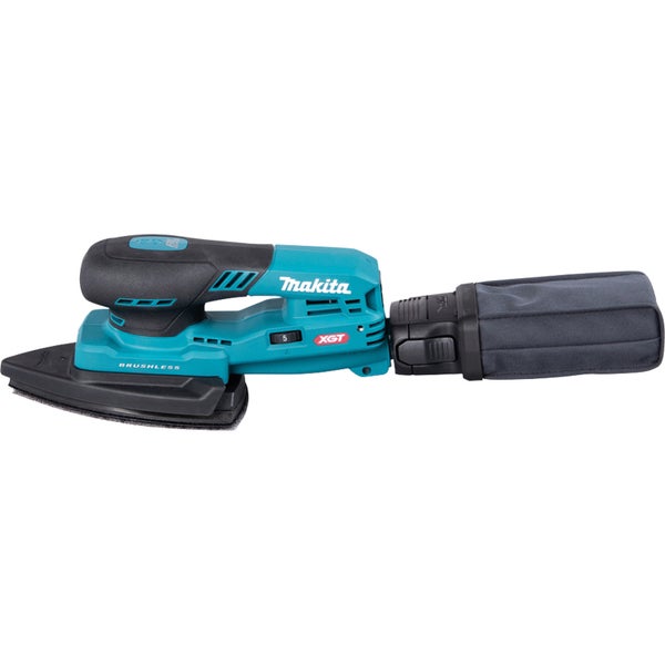 Akku-Multischleifer von Makita mit bürstenlosem Motor, dreieckiger Schleifplatte und Staubsack.