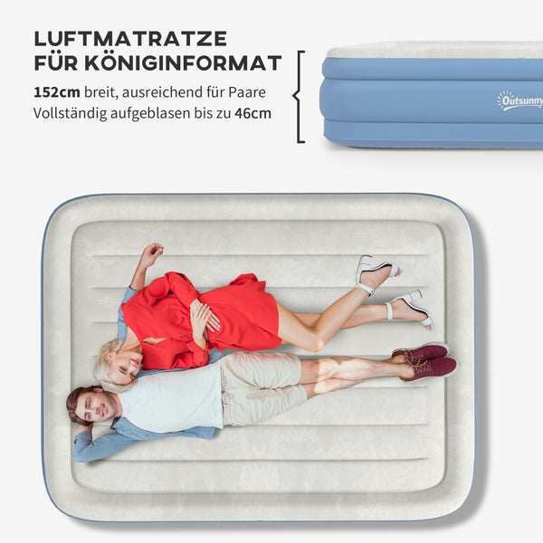 Outsunny Luftmatratze Luftbett für 2 Personen, Campingbett mit integriertem Kopfkissen, eingebauter Elektropumpe, Hellblau, 203 x 152 x 46 cm
