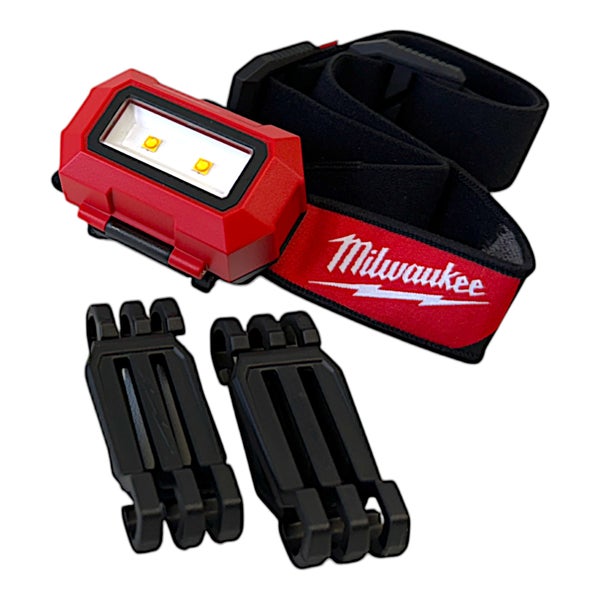 Milwaukee LED-Stirnlampe mit verstellbarem Kopfband und zwei Helmclips.