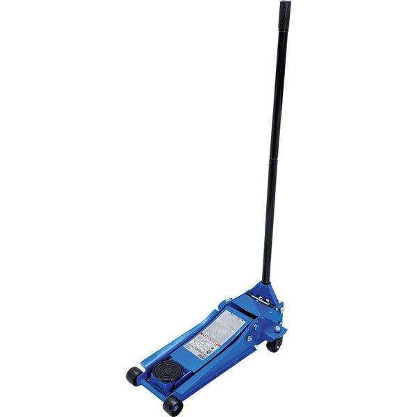 Hydraulischer Rangierwagenheber in Blau mit langer Hebelstange und vier Rollen.