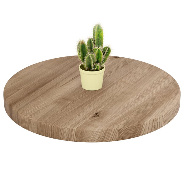 Runde Holzplatte aus Massivholz mit einem kleinen Kaktus im Topf.