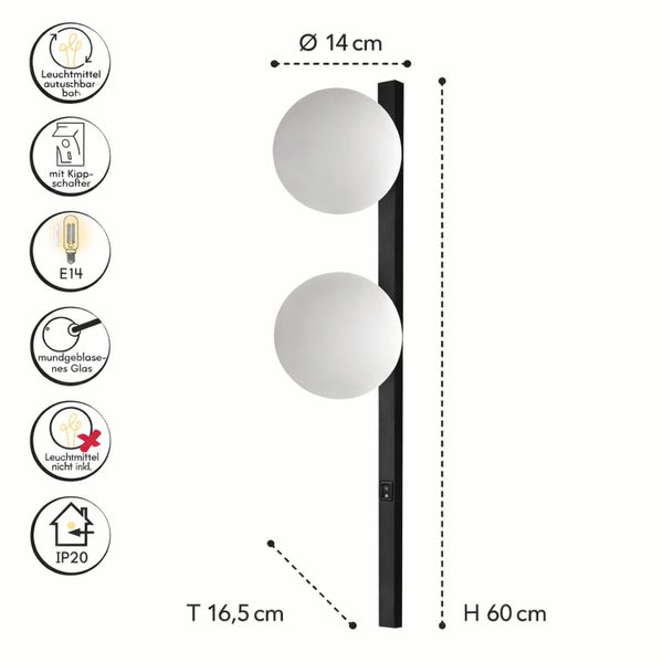 Schwarze Wandleuchte, zwei mundgeblasene weiße Glaskugeln. Höhe 60 Zentimeter, Durchmesser 14 Zentimeter. E14 Sockel, Kippschalter, Schutzart IP20.