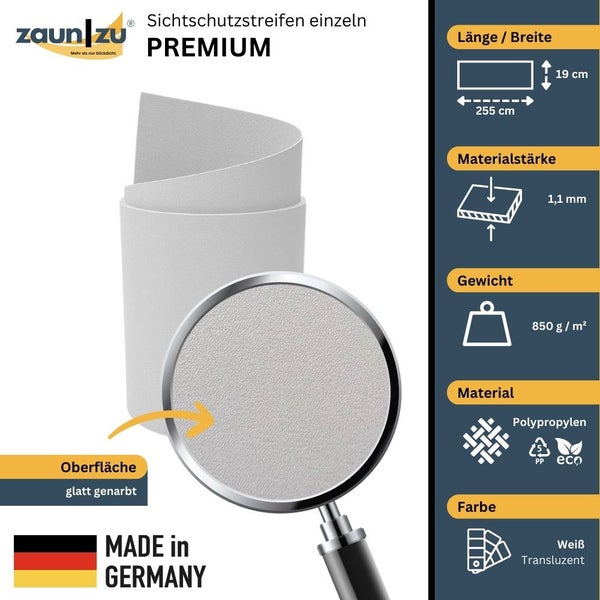 Zaun zu Premium Sichtschutzstreifen einzeln mit den Maßen 255 cm mal 19 cm, Materialstärke 1,1 mm, Gewicht 850 g pro Quadratmeter, Material Polypropylen, Oberfläche glatt genarbt, hergestellt in Deutschland