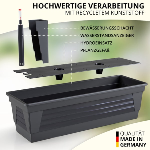 Explosionszeichnung eines Balkonkastens aus recyceltem Kunststoff mit Bewässerungsschacht, Wasserstandsanzeiger und Hydroeinsatz. Made in Germany.