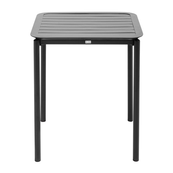 Quadratischer Gartentisch aus Aluminium in Anthrazit mit Lamellen-Tischplatte und vier Beinen, Oviala Logo.
