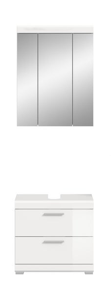 Badezimmermöbel-Set mit dreitürigem Spiegelschrank inklusive Beleuchtung und weißem Waschbeckenunterschrank mit zwei Schubladen.