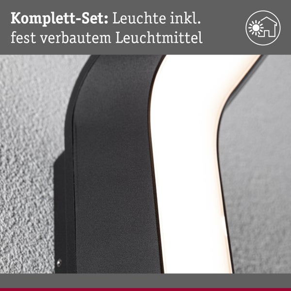 Komplettset einer schwarzen Wandleuchte inklusive fest verbautem Leuchtmittel und Symbol für die Eignung im Außenbereich.