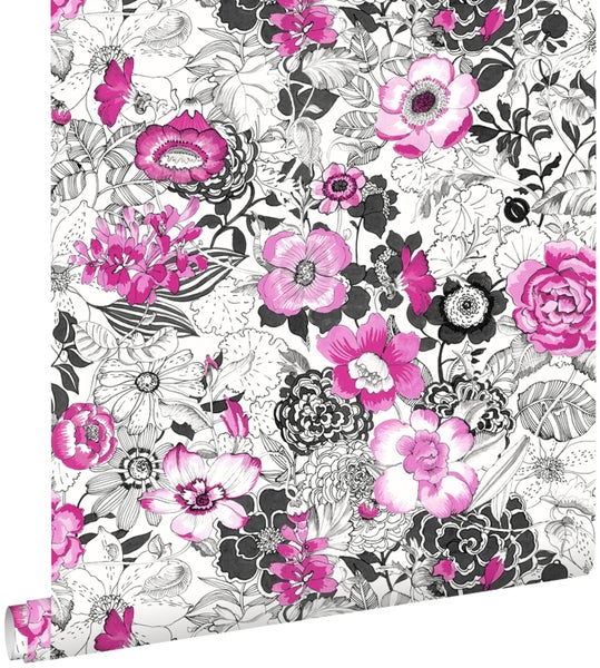 ESTAhome Tapete Blumen Rosa und Schwarz - 53 cm x 10.05 m - 138504
