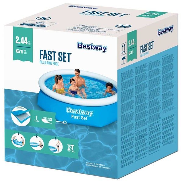 Bestway Fast Set Pool Verpackung, Durchmesser 2,44 Meter, Höhe 61 Zentimeter, einfacher Aufbau.