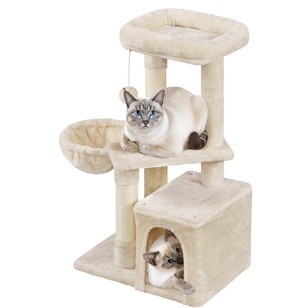 Katzenkratzbaum mit Liegeflächen und Katzenhaus mit zwei Katzen