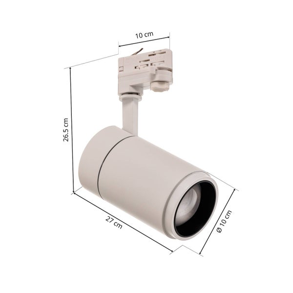 Schienenstrahler mit Maßangaben, Höhe 26,5 Zentimeter, Länge 27 Zentimeter, Durchmesser 10 Zentimeter, Adapterbreite 10 Zentimeter.