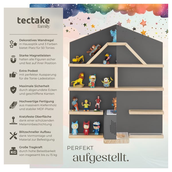 Wandregal tectake Mylittle Story 50 x 15,5 x 60 cm, unsichtbare Aufhängung für bis zu 50 Tonies anthrazit
