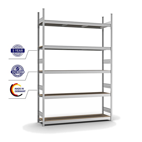 PROREGAL Weitspannregal Stecksystem T-Profil Grundregal HxBxT 300x200x40 cm 5 Ebenen Spanplatten Fachboden Fachlast 350 kg Verzinkt