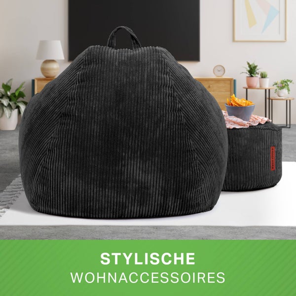 Green Bean 2er Set Indoor XXL Sitzsack + Pouf mit EPS-Perlen Füllung - Fußhocker Fußkissen Hocker Bodenkissen Liegekissen Sitzkissen Lounge Chair - Schwarz