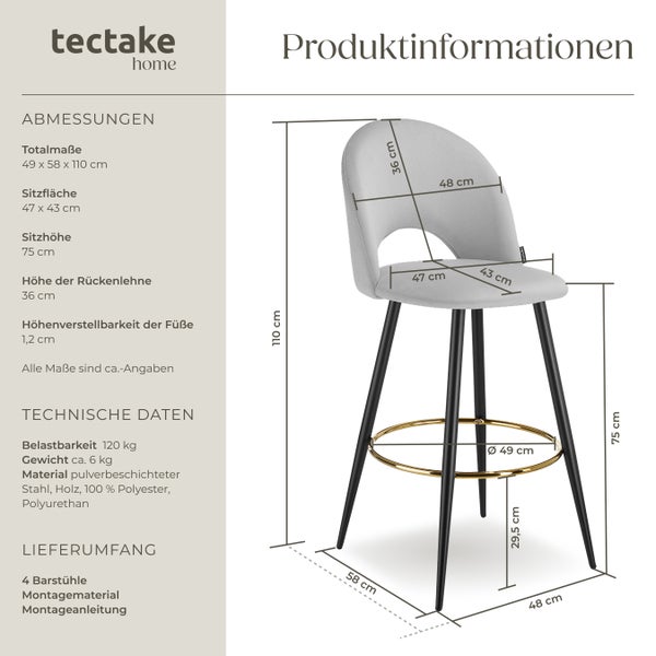 Technische Zeichnung eines Barstuhls mit Maßen und Materialangaben