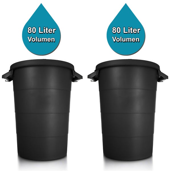 BigDean 2x wetterfeste Universaltonne mit Deckel und 2 stabilen Tragegriffen 80 Liter SCHWARZ - Regentonne Mülleimer - Indoor und Outdoor geeignet - Made in Europe