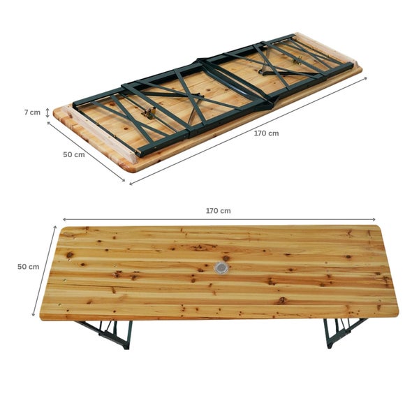 Bierzeltgarnitur Tisch mit den Maßen 170 cm Länge und 50 cm Breite im zusammengeklappten und aufgeklappten Zustand.