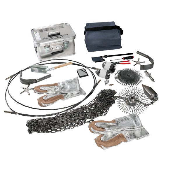 Schornsteinwerkzeugsatz mit Werkzeugkasten, Tasche, Kette, Handschuhen und verschiedenen Bürsten