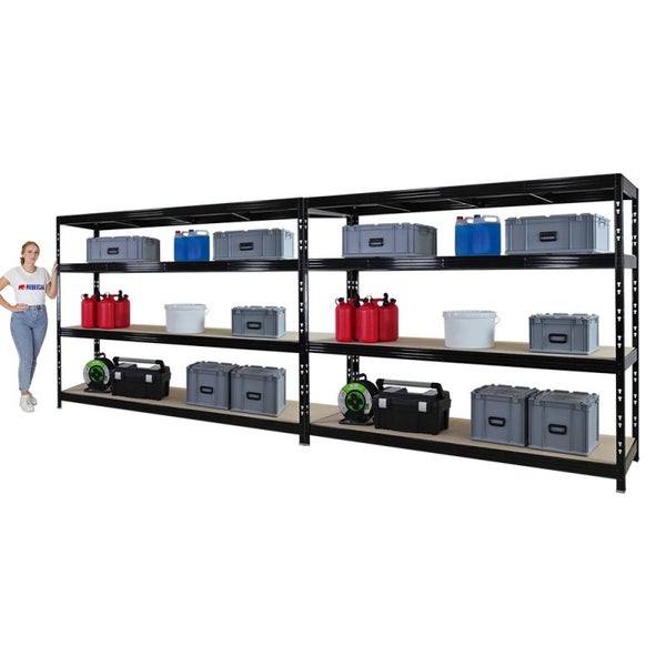 PROREGAL Mega Deal 2x Profi Schwerlastregal Rhino, HxBxT 180x240x60cm, 4 Spanplatten-Ebenen 8mm, Fachlast 450kg, Schwarz