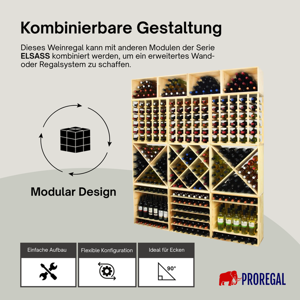 Modulares Weinregalsystem aus Holz, bestehend aus verschiedenen kombinierbaren Regalelementen, gefüllt mit Weinflaschen.