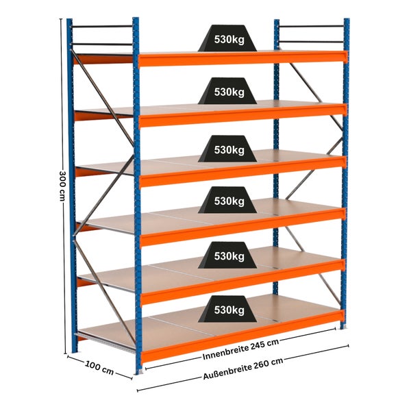 Schwerlastregal mit sechs Regalböden und Angaben zu Abmessungen und Traglast