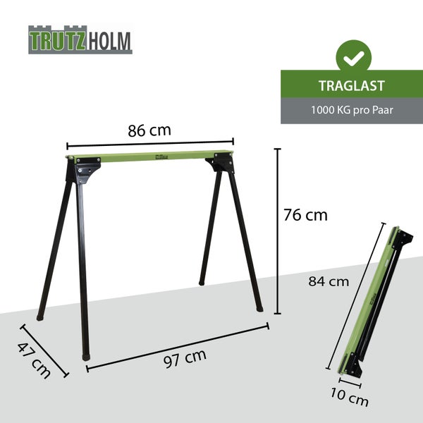 Trutzholm Logo, klappbarer Arbeitsbock, Maße 86 mal 76 mal 47 Zentimeter, Traglast 1000 Kilogramm pro Paar.