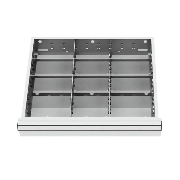Schubladeneinsatz aus Metall mit flexibler Facheinteilung für Werkzeugschränke.