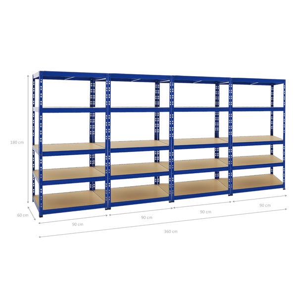 PROREGAL Mega Deal 4x Schwerlastregal Tiger HxBxT 180 x 90 x 60 cm Fachlast 265 kg 5-Ebenen Blau