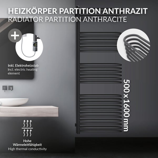LuxeBath Elektrischer Badheizkörper 500 x 1600 mm Anthrazit mit Heizstab 900W Thermostat LCD Bildschirm, Designheizkörper mit Heizpatrone, Elektro Handtuchtrockner Handtuchwärmer Handtuchheizkörper