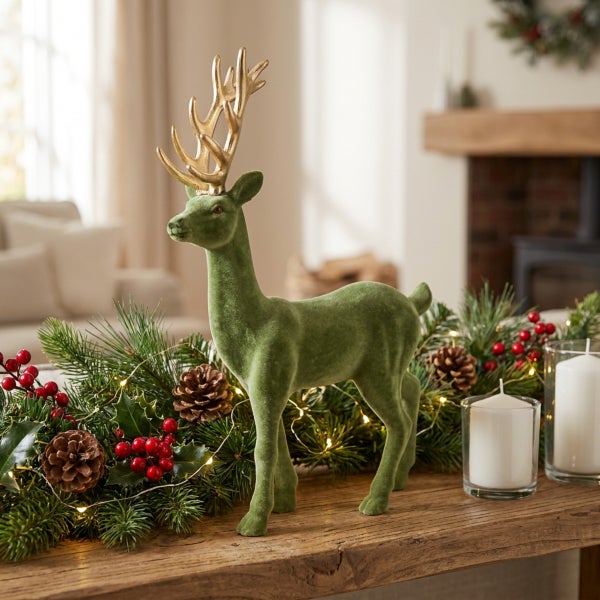 Dekorative Weihnachtsfigur in Form eines Rentiers mit Geweih, umgeben von Tannengrün, Kiefernzapfen und Lichtern auf einem Holztisch.