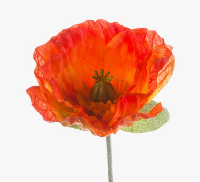 Künstliche Mohnblume in Orange mit grünem Zentrum und grünem Blatt auf einem Stiel.