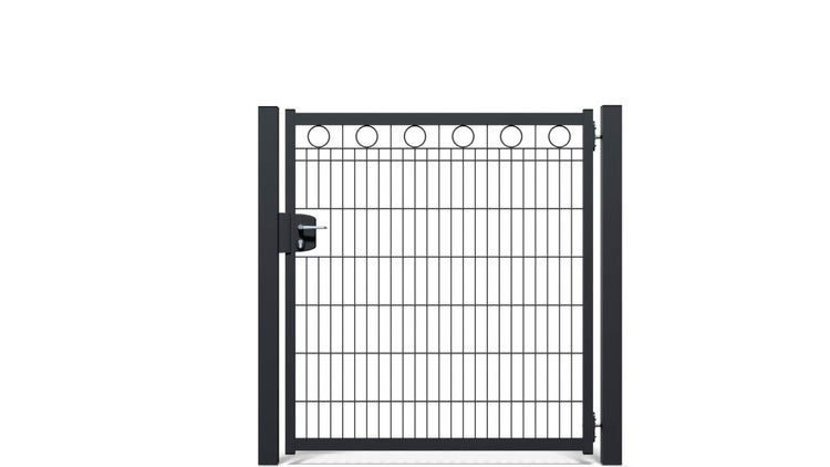 Zauntür ZAUNGURU BASIC-Linie Berlin Kreis aus Metall, Höhe: 143cm, Breite: 150cm, 1-flügelig inkl. Pfosten, Schloss und Zubehör, Feuerverzinkt und zusätzlich in RAL 7016 Anthrazitgrau pulverbeschichtet