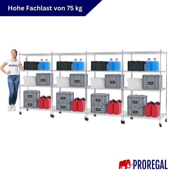 Mobiles Metall-Drahtgitterregal mit vier Sektionen, hohe Fachlast von 75 Kilogramm pro Boden. Mit Lagerboxen bestückt und Proregal Logo.