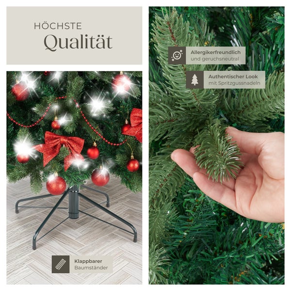 Künstlicher Weihnachtsbaum mit klappbarem Baumständer und Spritzgussnadeln für einen authentischen Look, allergikerfreundlich und geruchsneutral.
