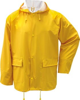 Gelbe Regenjacke mit Kapuze, Druckknöpfen und großen Vordertaschen.