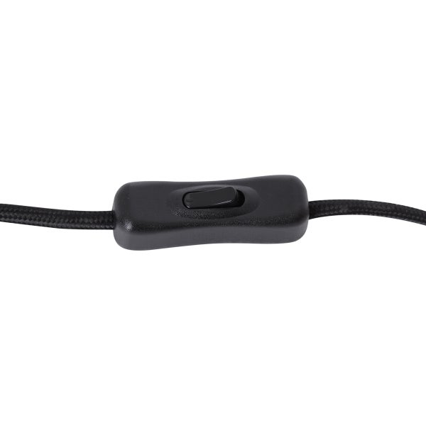 Schwarzer Schnurschalter aus Kunststoff an einem textilummantelten Kabel.