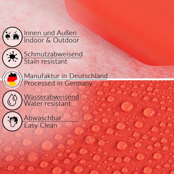 Symbolbild: Geeignet für Innen- und Außenbereich, schmutzabweisend, hergestellt in Deutschland, wasserabweisend, leicht zu reinigen.