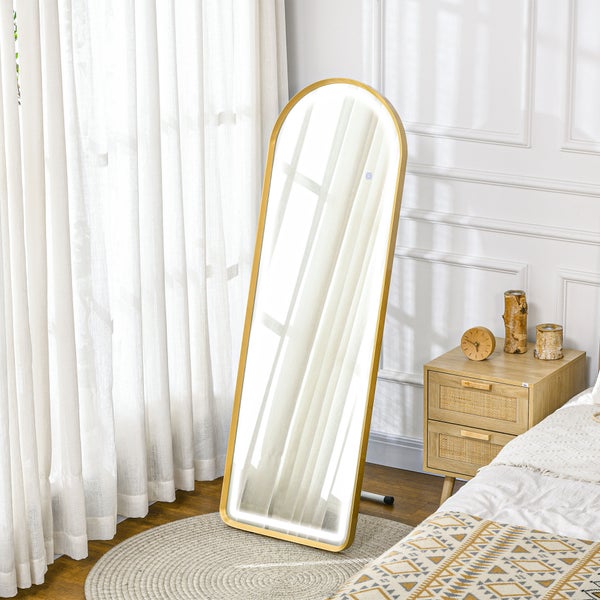 HOMCOM Ganzkörperspiegel, Wandspiegel mit Ständer, Standspiegel mit LED-Leuchte, Dimmbar Garderobenspiegel mit Touch-Schlater, für Wohnzimmer, Schlafzimmer, 151,5 x 50 x 4 cm, Aluminium, Gold