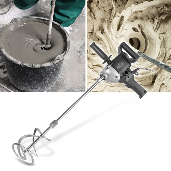 Mörtelrührer beim Mischen von Beton in einem Eimer