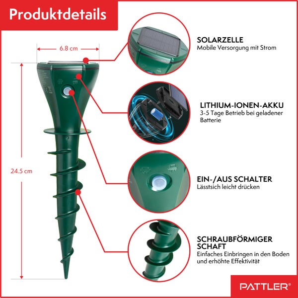 PATTLER® Maulwurf Vertreiber 2er Set - Effektiv Maulwurf vertreiben auf ca. 800m² - Flexible Verwendung durch Solarmodul - innovatives Schraubdesign erhöht Effektivität