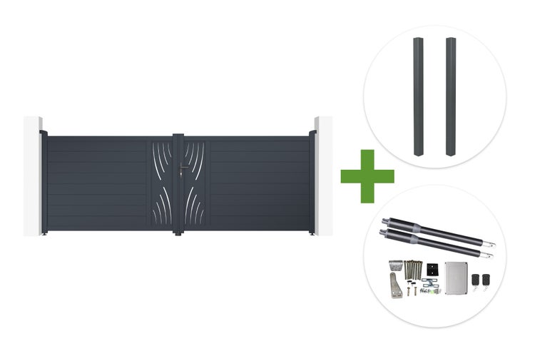 Zweiflügeliges Hoftor aus Aluminium inklusive zwei Pfosten und elektrischem Torantrieb.