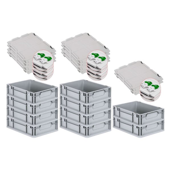 PROREGAL Spar Set 10x Eurobox Nextgen Economy Mit Scharnierdeckel & Grünen Schiebeschnappverschlüssen Griffe Geschlossen HxBxT 12 x 30 x 40 cm