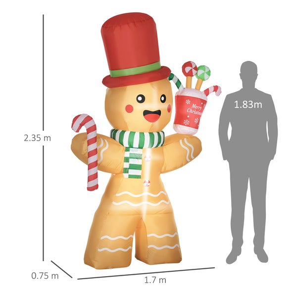 HOMCOM Weihnachts Aufblasbarer Lebkuchenmann 2,35 m Weihnachtsdekoration mit LED-Lichtern und Zuckerstange Weihnachten Gärten Dekoration automatisches Aufblasen Wassderdicht Polyester Orange