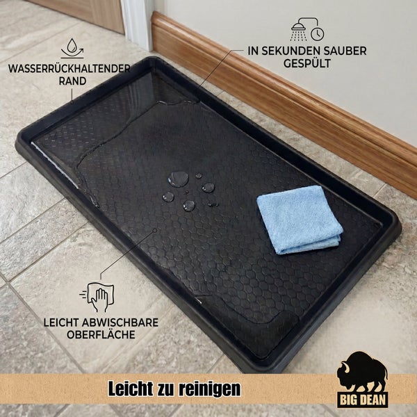 Schwarze Schuhabtropfschale mit wasserundurchlässigem Rand, Wabenstruktur und Reinigungstuch, Big Dean Logo.