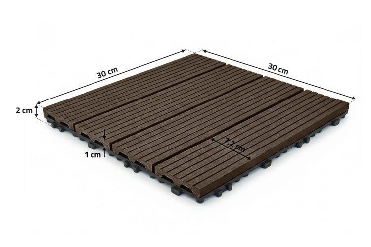 Quadratische WPC Terrassenfliese mit Klicksystem, 30 mal 30 Zentimeter, mit bemaßter Darstellung zur Veranschaulichung der Produktgröße.